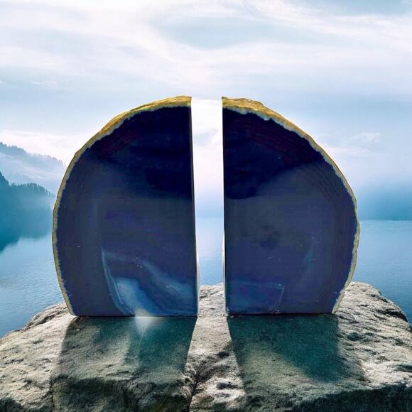 Blue Agate Bookends-Natural Geode-Crystal Quartz-Stone Decor-Boho-Chakra-Healing - Picture 3 of 7